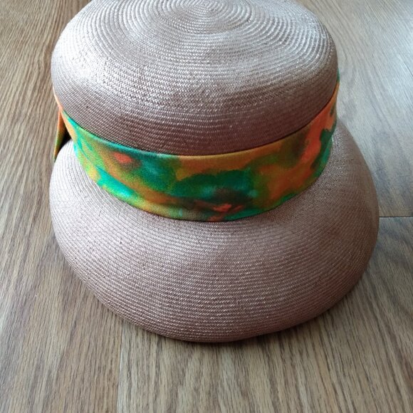 Vintage Taupe Straw Hat Tropical Orange Green Sash Sunhat Front Brim Rockabilly - Picture 2 of 12